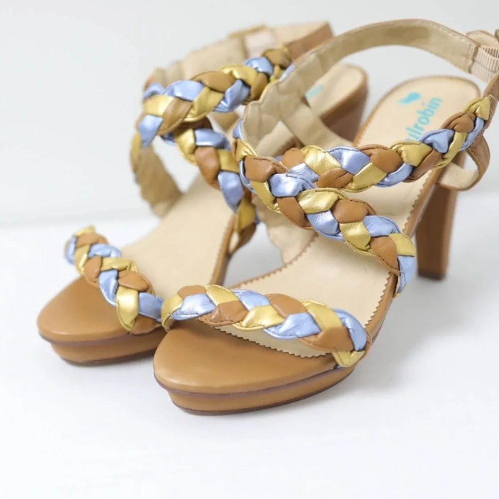 Farylrobin Tan and Gold Braided Heels
